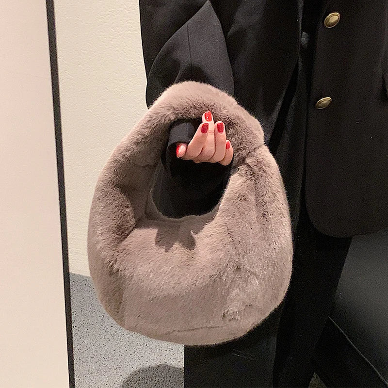 Soft Plush Women's Handbag Half Moon Handle Bag Phone Purse