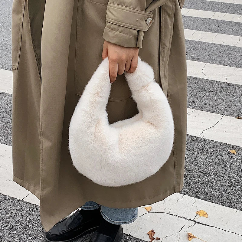 Soft Plush Women's Handbag Half Moon Handle Bag Phone Purse