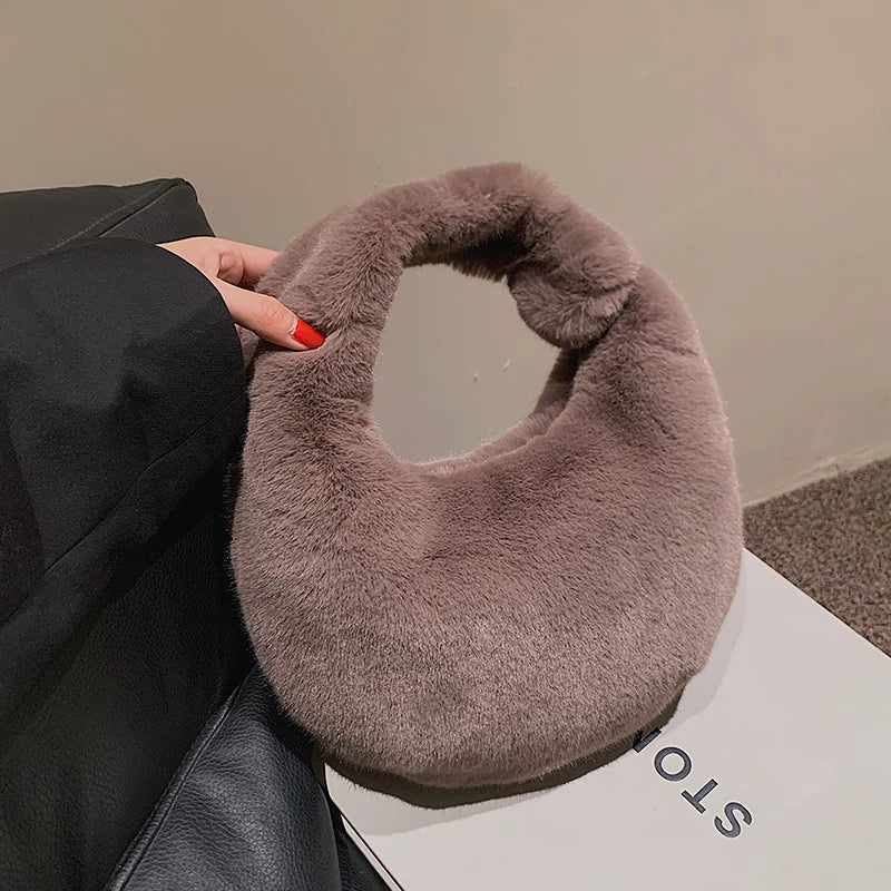 Soft Plush Women's Handbag Half Moon Handle Bag Phone Purse