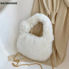 Soft Plush Faux Fur Tote w/ Chain Handle Women's Handbag