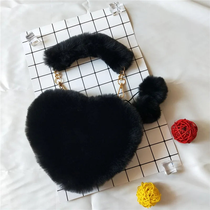 Heart Shaped Shoulder Bag Winter Plush Love Messenger Clutch Purse
