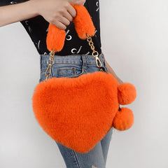 Faux Fur Winter Women Handbag Plush Heart Shaped Shoulder Bag