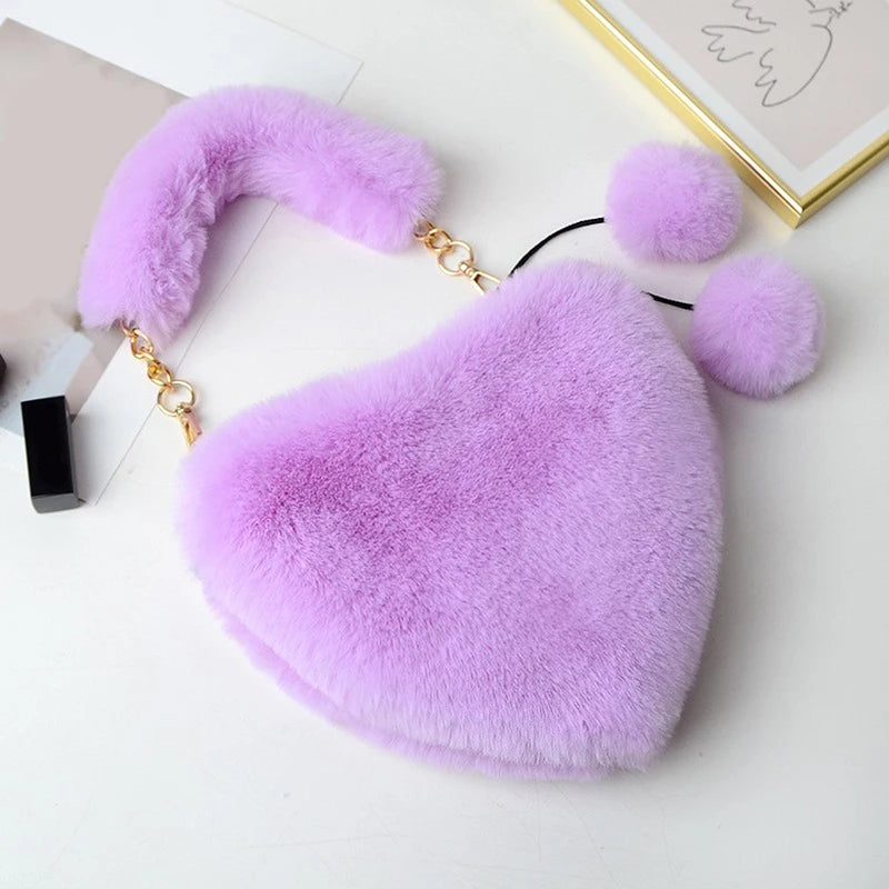 Faux Fur Winter Women Handbag Plush Heart Shaped Shoulder Bag