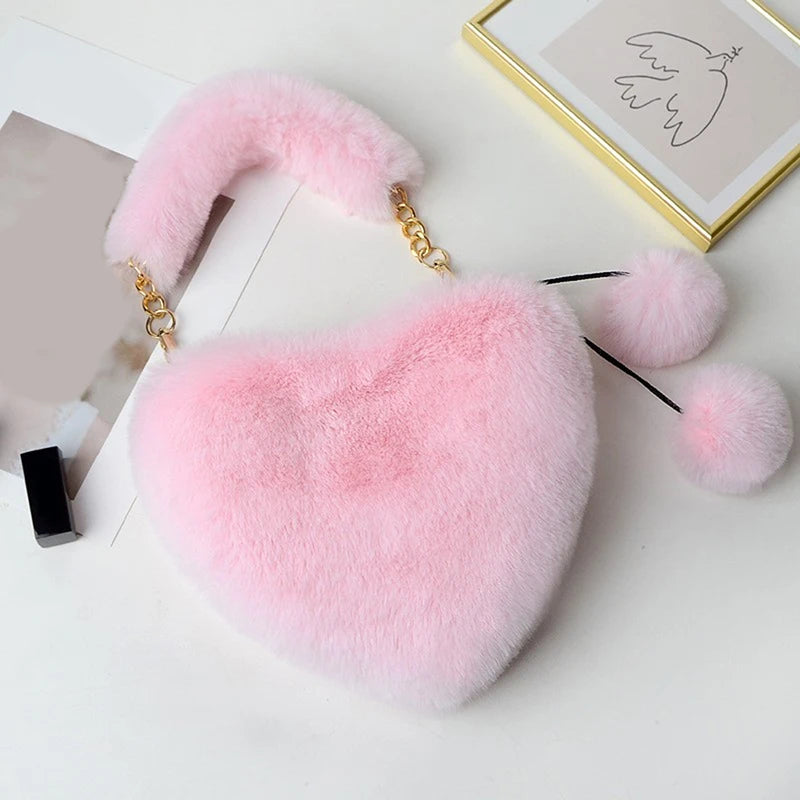 Faux Fur Winter Women Handbag Plush Heart Shaped Shoulder Bag