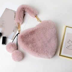 Faux Fur Winter Women Handbag Plush Heart Shaped Shoulder Bag