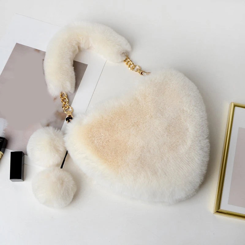 Faux Fur Winter Women Handbag Plush Heart Shaped Shoulder Bag