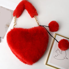 Faux Fur Winter Women Handbag Plush Heart Shaped Shoulder Bag