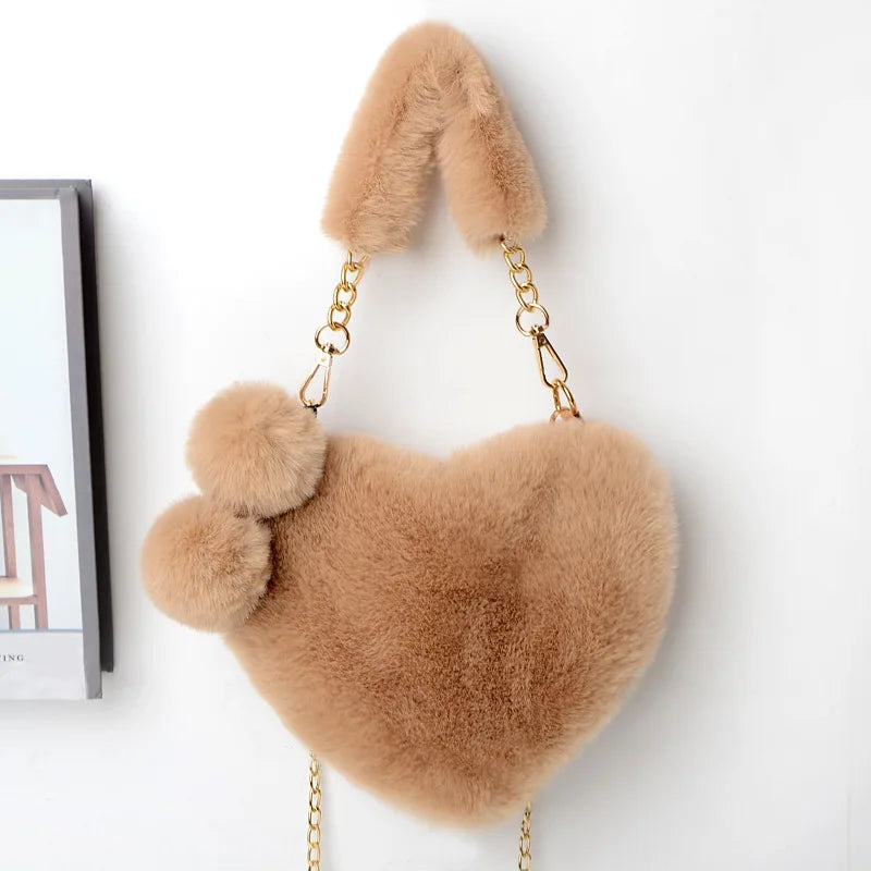 Plush Heart Shaped Shoulder Bag Faux Fur Women Handbags