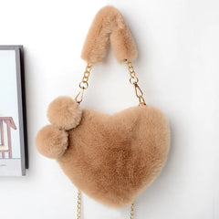 Plush Heart Shaped Shoulder Bag Faux Fur Women Handbags
