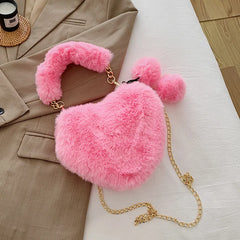 Faux Fur Winter Women Handbags Plush Ladies Heart Shaped Shoulder Bag