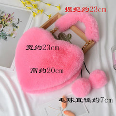 Faux Fur Winter Women Handbags Plush Ladies Heart Shaped Shoulder Bag