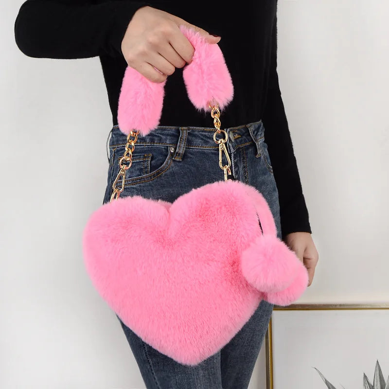 Faux Fur Winter Women Handbags Plush Heart Shaped Shoulder Bag Female Clutch