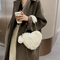 Faux Fur Winter Women Handbags Plush Ladies Heart Shaped Shoulder Bag