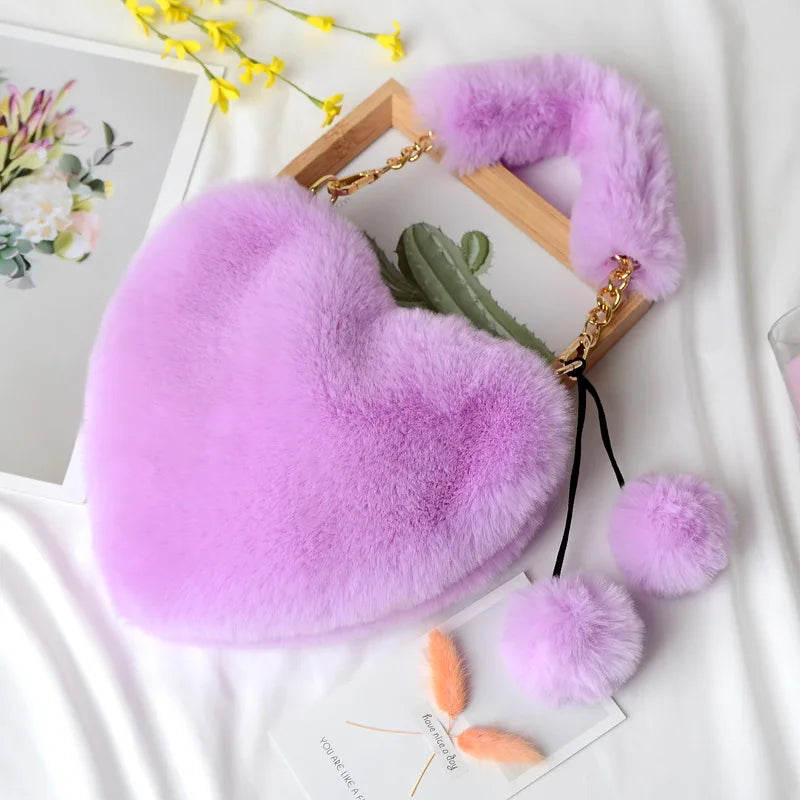 Faux Fur Winter Women Handbags Plush Heart Shaped Shoulder Bag Female Clutch