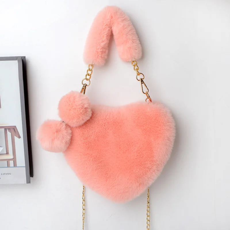 Plush Heart Shaped Shoulder Bag Faux Fur Women Handbags