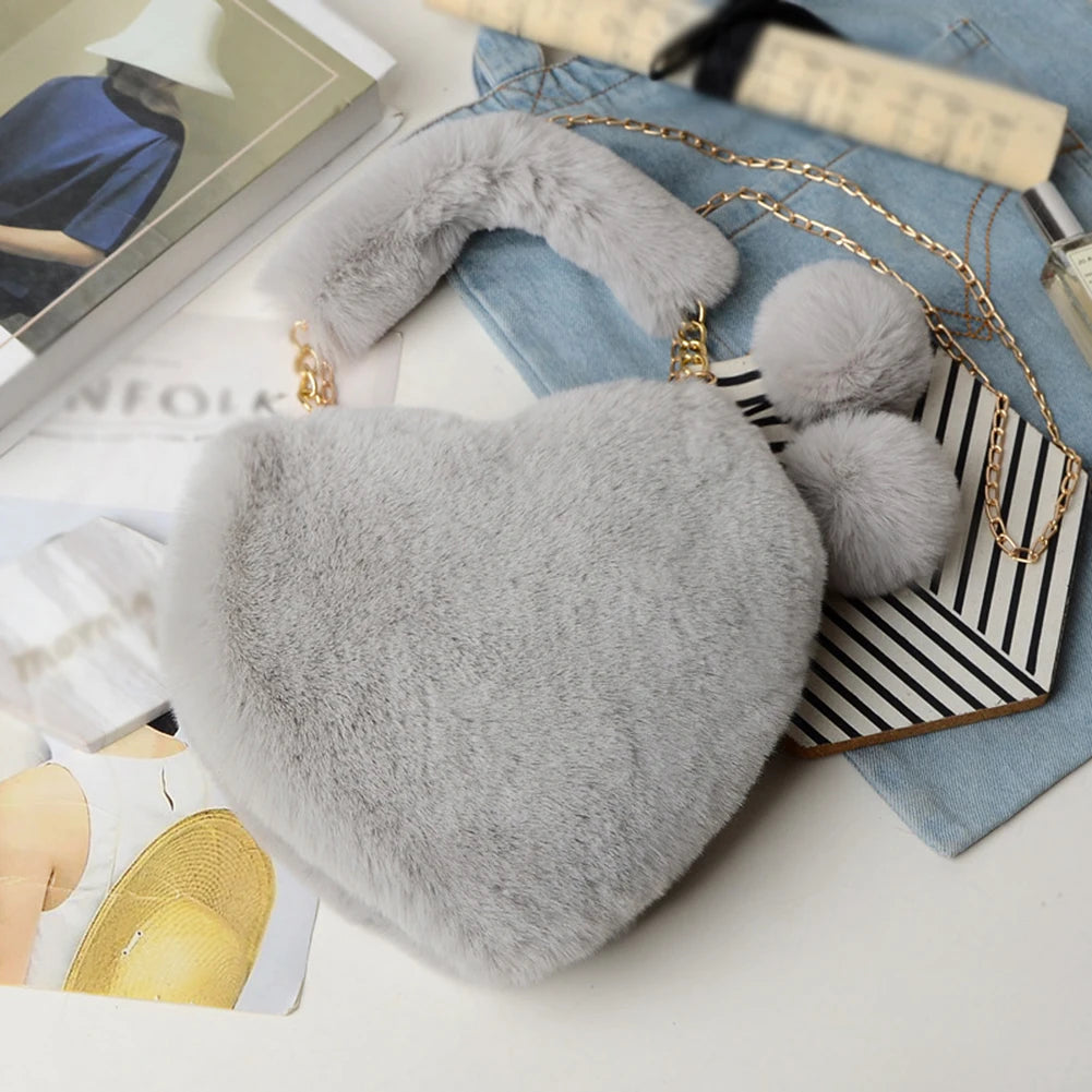 Faux Fur Winter Women Handbags Plush Heart Shaped Shoulder Bag Female Purse