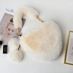 Faux Fur Winter Women Handbags Plush Heart Shaped Shoulder Bag Female Purse
