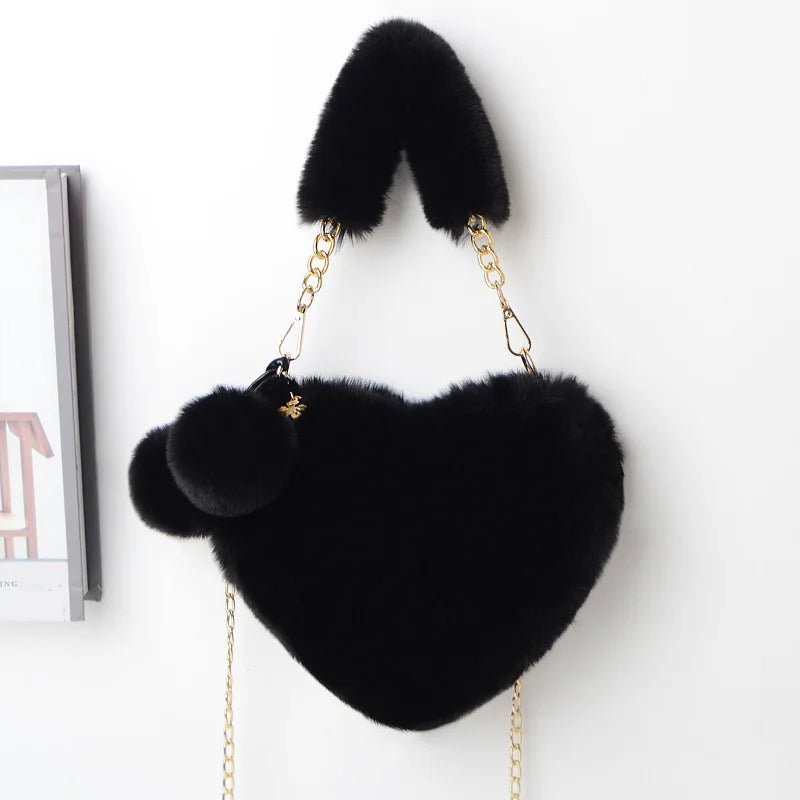 Faux Fur Heart Shaped Shoulder Bag Women Clutch Purse Chain Messenger Bag