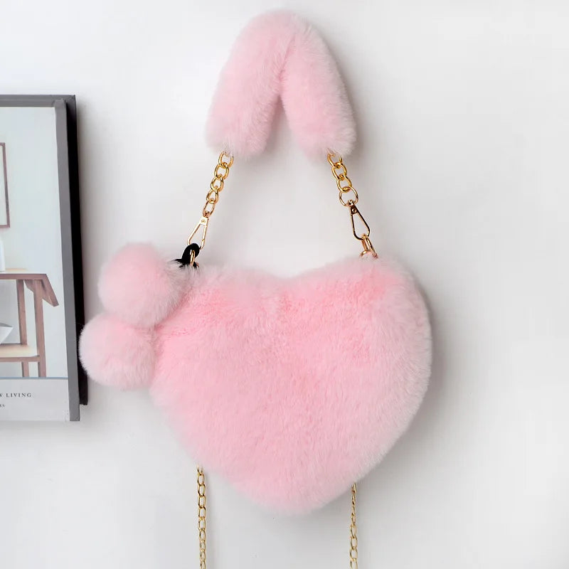 Faux Fur Heart Shaped Shoulder Bag Women Clutch Purse Chain Messenger Bag
