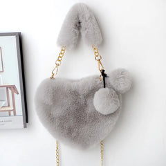 Faux Fur Heart Shoulder Bag Chain Messenger Clutch Purse Plush Crossbody Bag