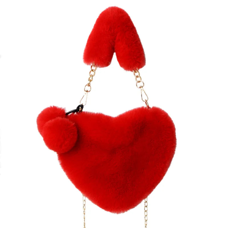 Faux Fur Heart Shoulder Bag Chain Messenger Clutch Purse Plush Crossbody Bag