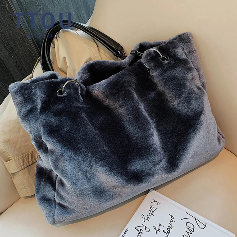 Faux Fur Women Shoulder Bag Casual Plush Lady Tote Handbag Chain Larger Capacity