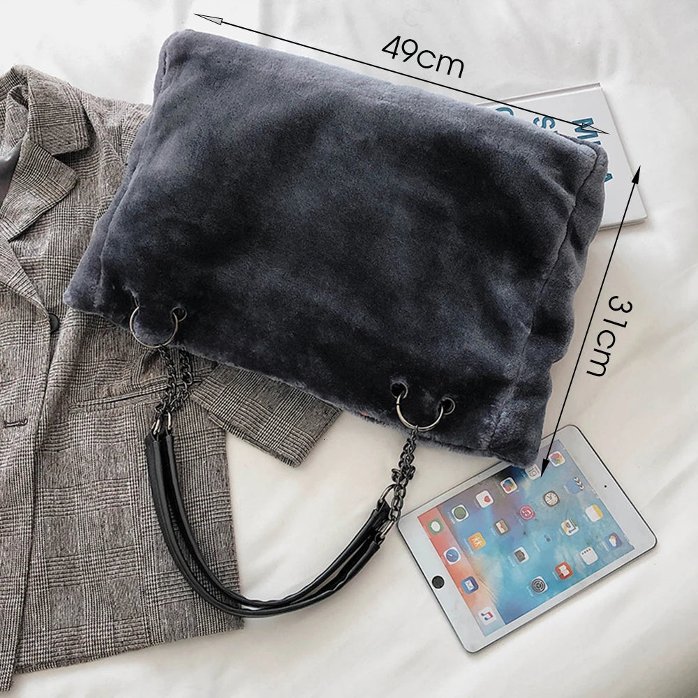Faux Fur Women Shoulder Bag Casual Plush Lady Tote Handbag Chain Larger Capacity