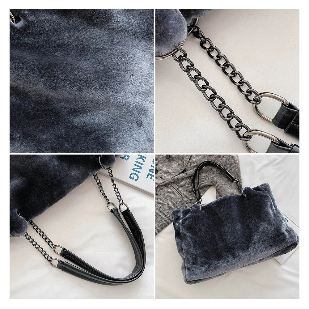 Faux Fur Women Shoulder Bag Casual Plush Lady Tote Handbag Chain Larger Capacity