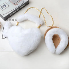 Faux Fur Love Heart Shoulder Bag & Headband Set Winter Chain Handbags
