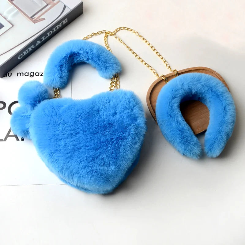 Faux Fur Love Heart Shoulder Bag & Headband Set Winter Chain Handbags