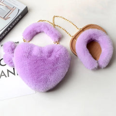 Faux Fur Love Heart Shoulder Bag & Headband Set Winter Chain Handbags
