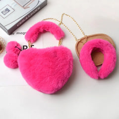Faux Fur Love Heart Shoulder Bag & Headband Set Winter Chain Handbags