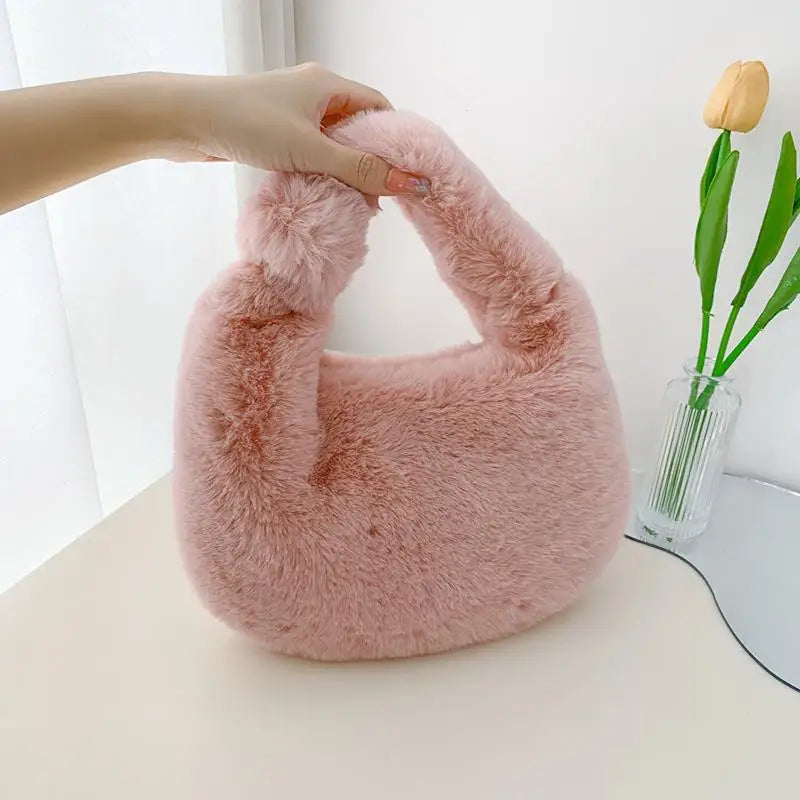 Faux Fur Women's Tote Bag Soft Plush Clutch Handbags Warm Purses Sac