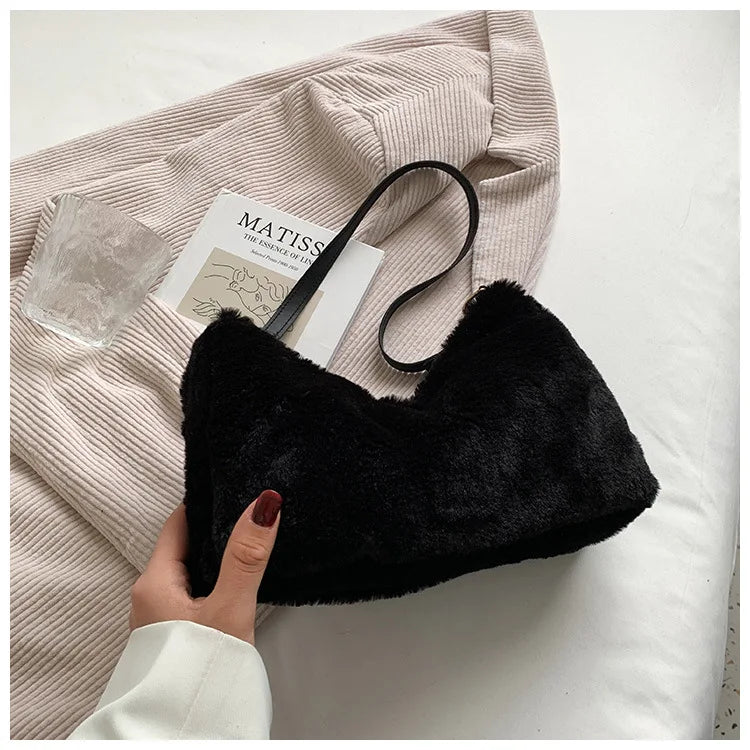 Faux Fur Shoulder Bag Soft Crossbody Winter Solid Handbag