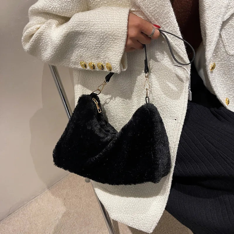 Faux Fur Shoulder Bag Soft Crossbody Winter Solid Handbag