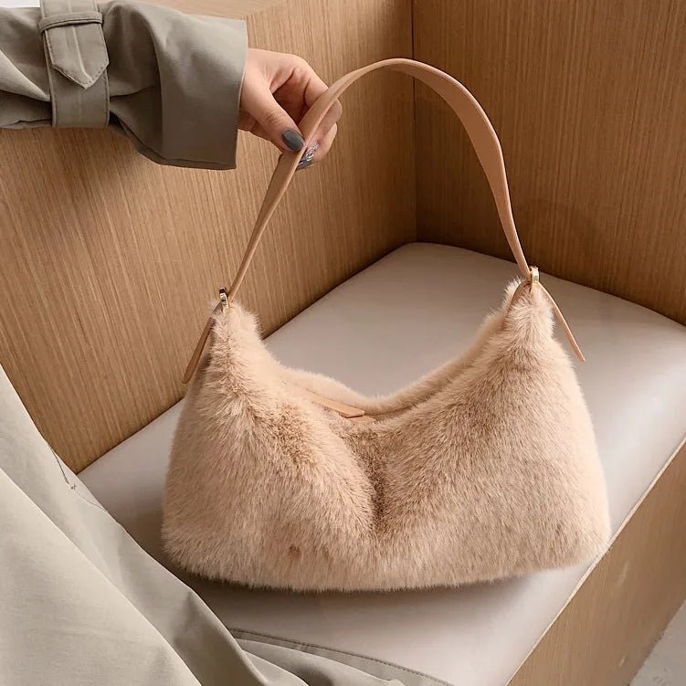 Faux Fur Shoulder Bag Soft Crossbody Winter Solid Handbag