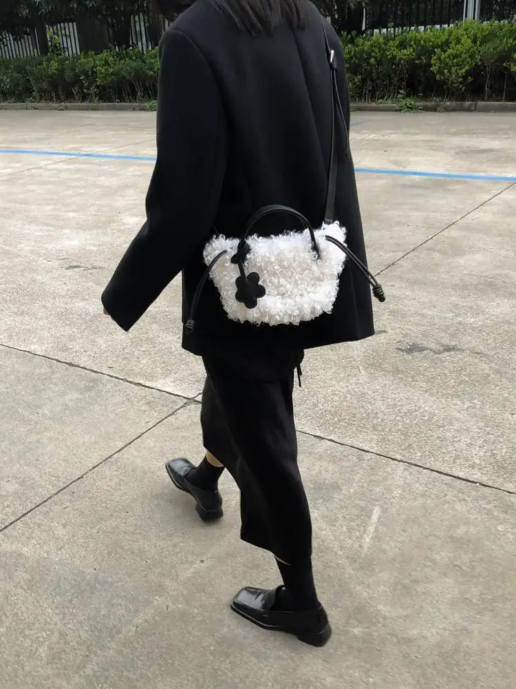 Faux Lamb Wool Mini Tote Bag Winter Plush Girls Small Purse Handbags