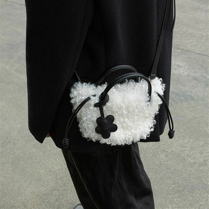 Faux Lamb Wool Mini Tote Bag Winter Plush Girls Small Purse Handbags