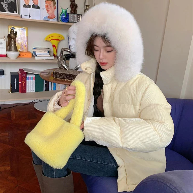 Faux Lamb Wool Top-handle Bag Soft Plush Ladies Fur Shoulder Winter Tote