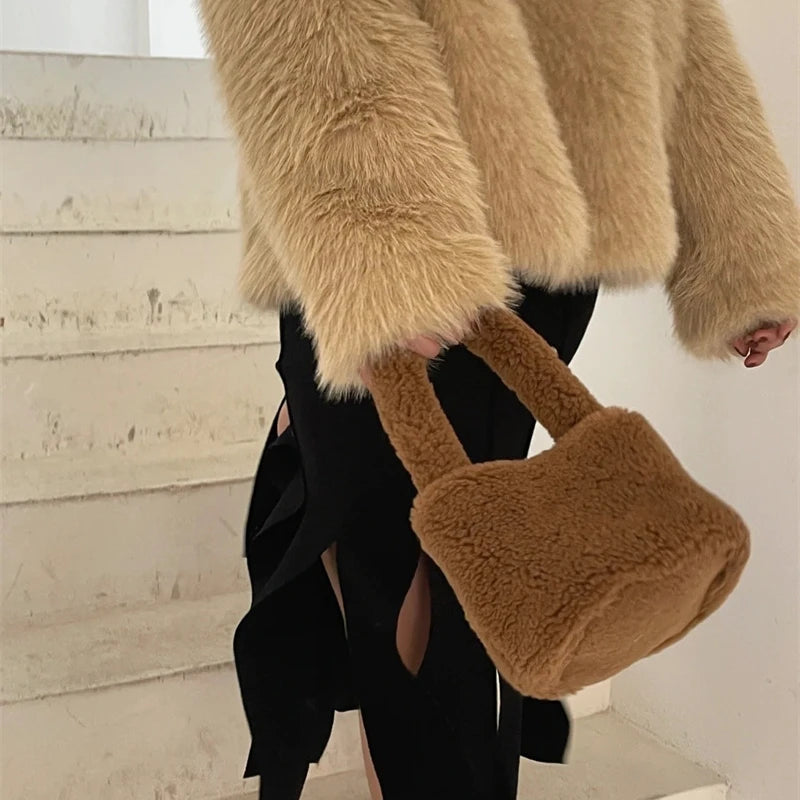 Faux Lamb Wool Top-handle Bag Soft Plush Ladies Fur Shoulder Winter Tote