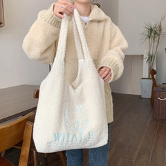 Faux Lamb Wool Women's Vest Shoulder Bag Embroidery Female Plush Tote Bags