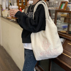 Faux Lamb Wool Women's Vest Shoulder Bag Embroidery Female Plush Tote Bags