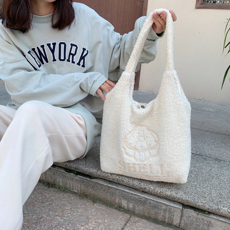 Faux Lamb Wool Women's Vest Shoulder Bag Embroidery Female Plush Tote Bags