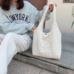Faux Lamb Wool Women's Vest Shoulder Bag Embroidery Female Plush Tote Bags