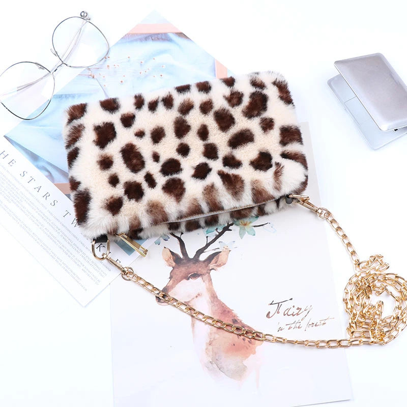 Women's Faux Rabbit Fur Crossbody Bag Leopard Wallet