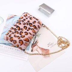 Women's Faux Rabbit Fur Crossbody Bag Leopard Wallet