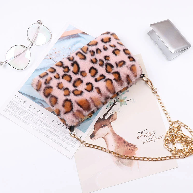Women's Faux Rabbit Fur Crossbody Bag Leopard Wallet