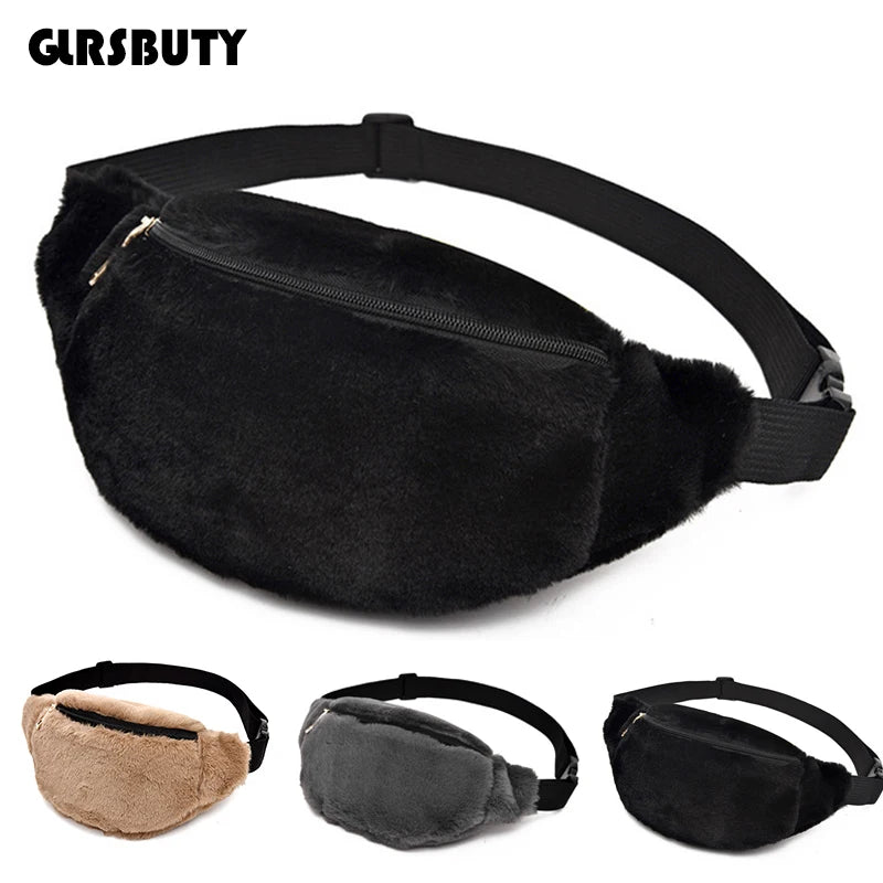 Faux Rabbit Fur Fanny Pack Waist Bag Men Women Travel Plush Hip Bag