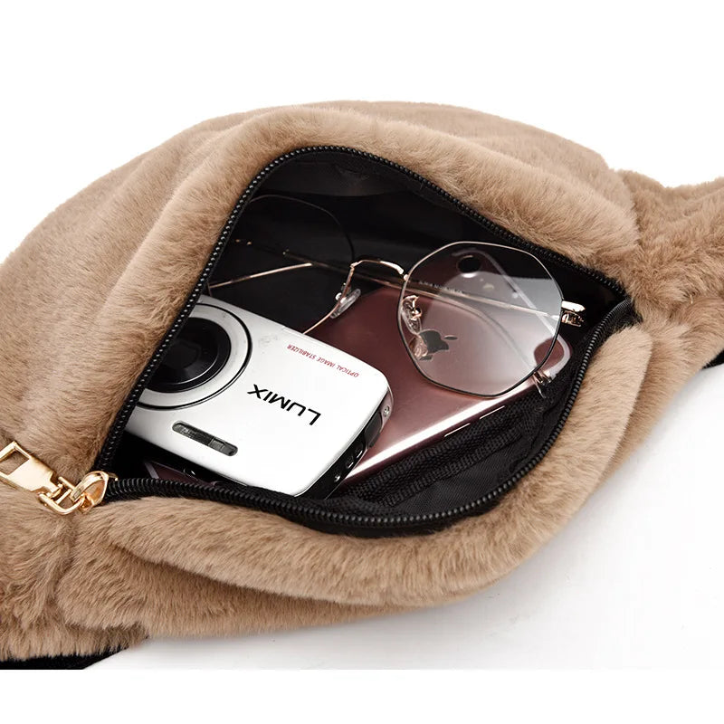 Faux Rabbit Fur Fanny Pack Waist Bag Men Women Travel Plush Hip Bag