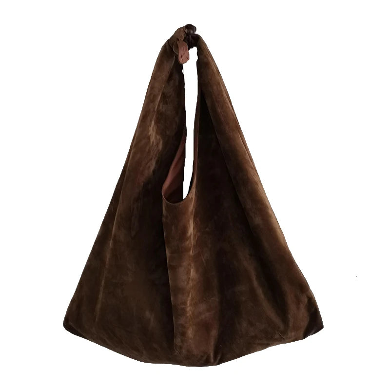 Retro Knotted Faux Suede Shoulder Bag Women Large Capacity Crossbody Handbag